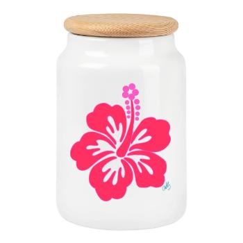Bright Pink Tropical Hibiscus Flower - Cookie Jar with Wooden Lid - white - Front
