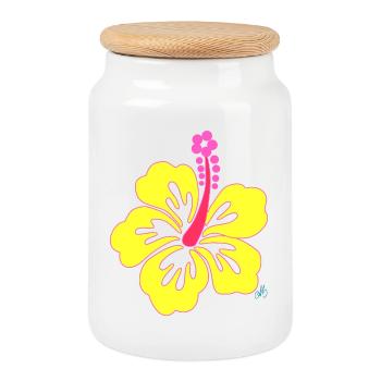 Fleur d'Hibiscus tropicale jaune - Boîte à biscuits avec couvercle en bois - blanc - Devant