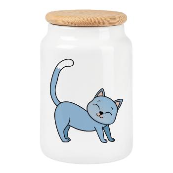 chat heureux illustration ludique - Boîte à biscuits avec couvercle en bois - blanc - Devant