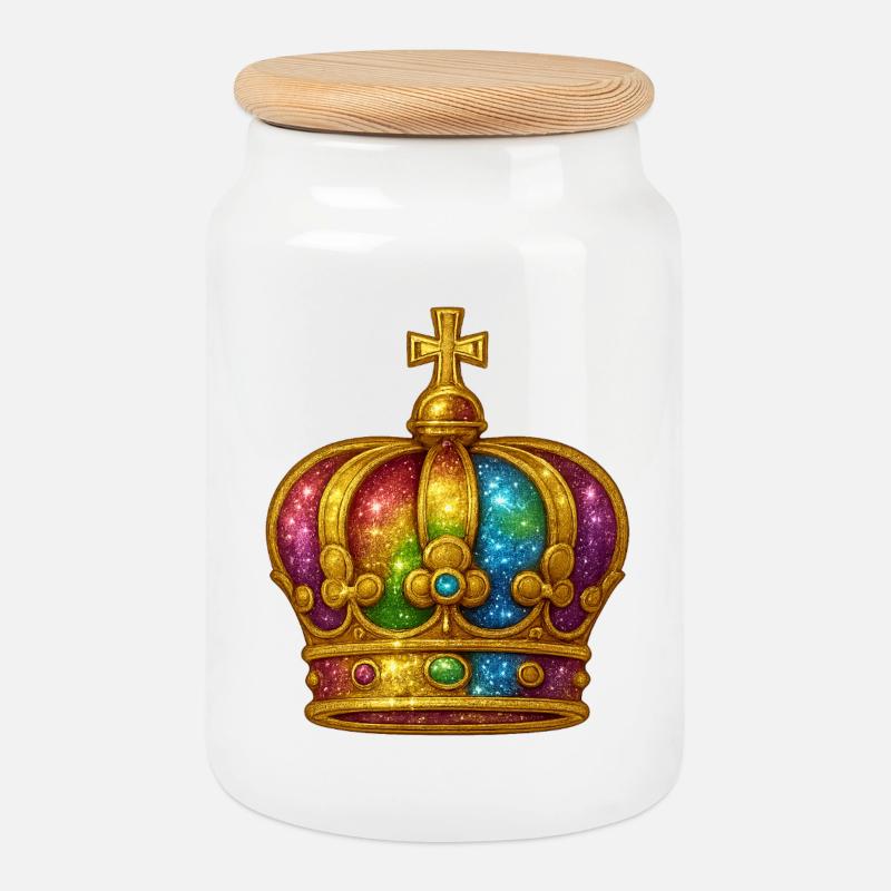 Goldene Krone mit Regenbogen-Effekt - Keksdose mit Holzdeckel - Weiß