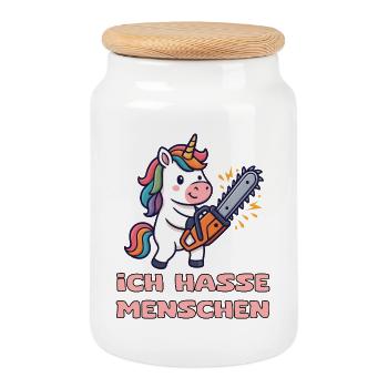 Licorne avec tronçonneuse et humour - Boîte à biscuits avec couvercle en bois - blanc - Devant