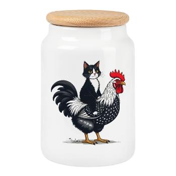 Chat et Coq Fusion Illustrée - Boîte à biscuits avec couvercle en bois - blanc - Devant