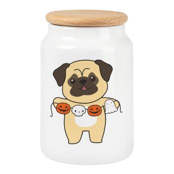 Costume de carlin joyeux Halloween pour chien - Boîte à biscuits avec couvercle en bois - blanc - Devant