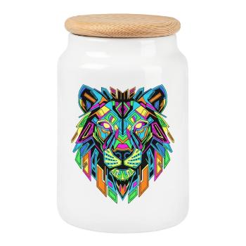 Neon Lion Head in Geometric Art - Cookie Jar with Wooden Lid - white - Front