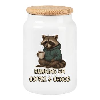  Waschbär mit Kaffee - Keksdose mit Holzdeckel - Weiß - Vorne