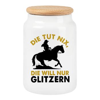 Slidningstop mit Westernpferd und Reiterin - Keksdose mit Holzdeckel - Weiß - Vorne