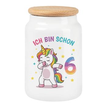Kindergeburtstag 6, Tanzendes Lustiges Einhorn - Keksdose mit Holzdeckel - Weiß - Vorne