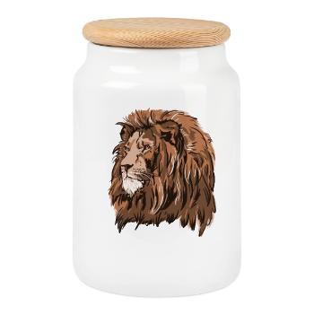 Lion portrait in warm mane - Cookie Jar with Wooden Lid - white - Front