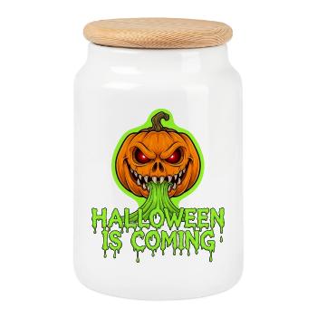 Halloween arrive : citrouille effrayante avec de la bave au néon - Boîte à biscuits avec couvercle en bois - blanc - Devant