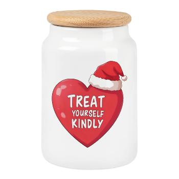 Bubble Heart with Santa Hat Treat Yourself Kindly - Cookie Jar with Wooden Lid - white - Front