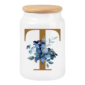Fleur Bleue Monogramme T - Boîte à biscuits avec couvercle en bois - blanc - Devant