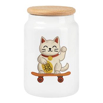 Maneki-neko Katzen-Skateboard - Keksdose mit Holzdeckel - Weiß - Vorne