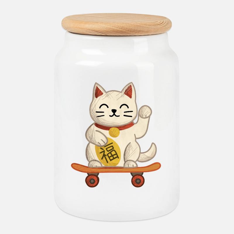 Maneki-neko Katzen-Skateboard - Keksdose mit Holzdeckel - Weiß