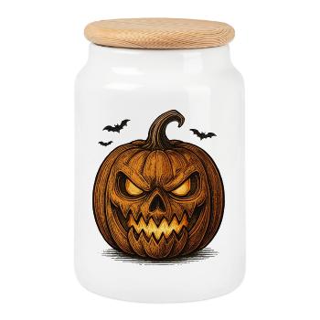Grusel Kürbis mit Fledermäusen Halloween Shirt - Keksdose mit Holzdeckel - Weiß - Vorne