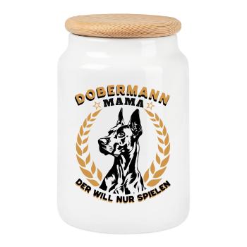 Dobermann Mama – Der will nur spielen - Keksdose mit Holzdeckel - Weiß - Vorne