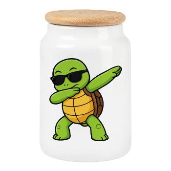 Dab Turtle with sunglasses - Cookie Jar with Wooden Lid - white - Front