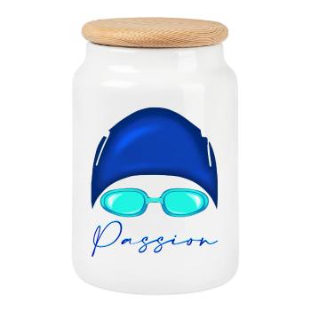 Passion Schwimmen Neon Blau - Keksdose mit Holzdeckel - Weiß - Vorne