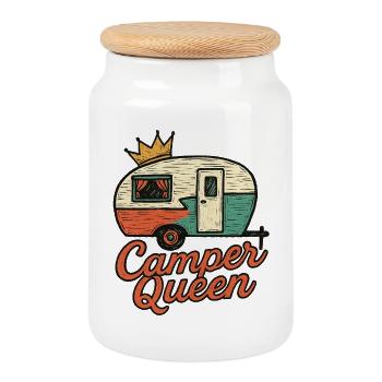 Caravane rétro Camper Queen - Boîte à biscuits avec couvercle en bois - blanc - Devant