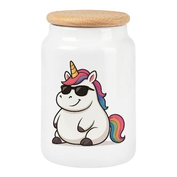 Fat Einhorn mit Sonnenbrille - Keksdose mit Holzdeckel - Weiß - Vorne