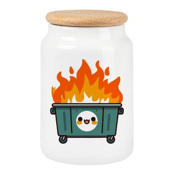 Niedlicher flammender Mülleimer - Keksdose mit Holzdeckel - Weiß - Vorne