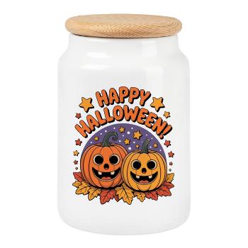 Happy Halloween Kürbisfreunde - Keksdose mit Holzdeckel - Weiß - Vorne