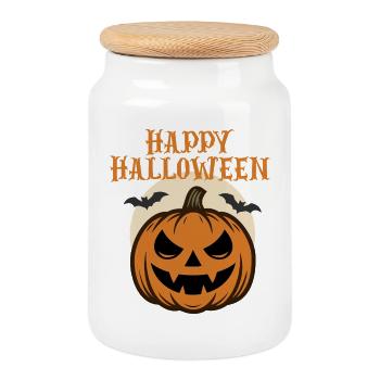 Happy Halloween Pumpkin with Bats - Cookie Jar with Wooden Lid - white - Front