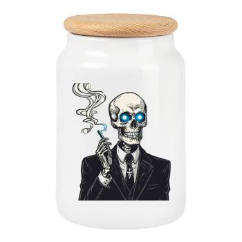 Squelette en costume fumant un cigare - Boîte à biscuits avec couvercle en bois - blanc - Devant