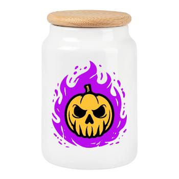Orange pumpkin with purple flames - Cookie Jar with Wooden Lid - white - Front