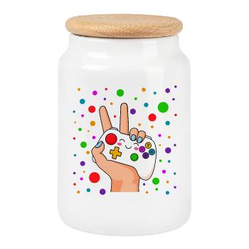 Peace-Zeichen-Controller Pop - Keksdose mit Holzdeckel - Weiß - Vorne