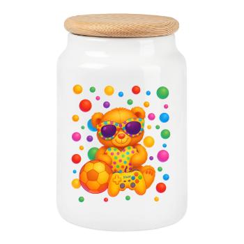Lebendige Teddy-Gamer-Party-Kunst - Keksdose mit Holzdeckel - Weiß - Vorne