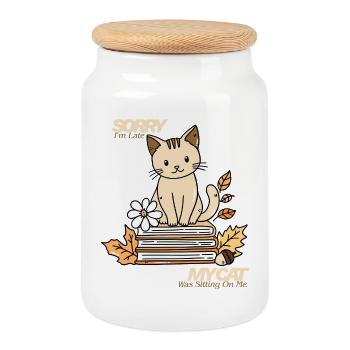 Sorry I'm Late, My Cat Was Sitting On Me - Cookie Jar with Wooden Lid - white - Front