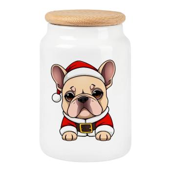 Bouledogue français comme Père Noël Noël - Boîte à biscuits avec couvercle en bois - blanc - Devant