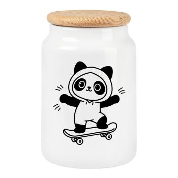 Skateboarding Panda im Hoodie an Bord - Keksdose mit Holzdeckel - Weiß - Vorne