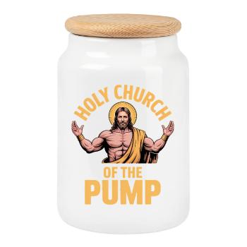 Holy Church of the Pump - Funny Jesus Gym Meme - Cookie Jar with Wooden Lid - white - Front