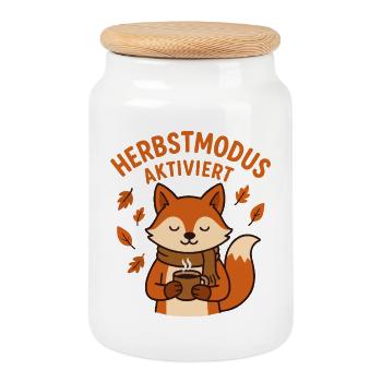 Autumn Mode Enabled | Fox with coffee cup - Cookie Jar with Wooden Lid - white - Front