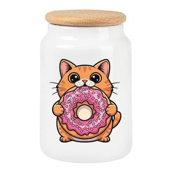 Chat mignon avec beignet Kawaii Cartoon Snack - Boîte à biscuits avec couvercle en bois - blanc - Devant