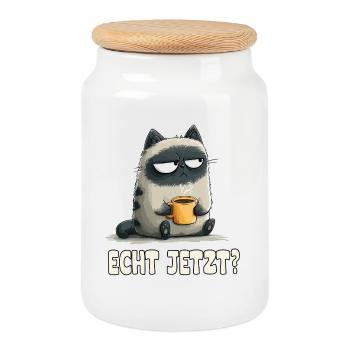 Grummelkatze mit Kaffee - Cookie Jar with Wooden Lid - white - Front