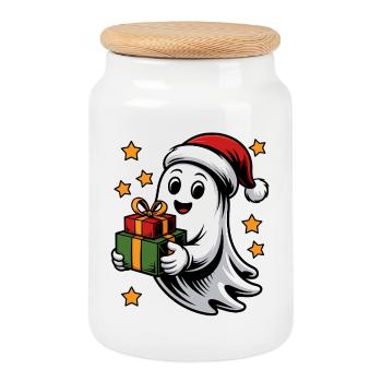 Fantôme avec des cadeaux de Noël - Boîte à biscuits avec couvercle en bois - blanc - Devant