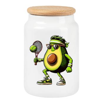 Funny avocado playing tennis with racket and ball - Cookie Jar with Wooden Lid - white - Front