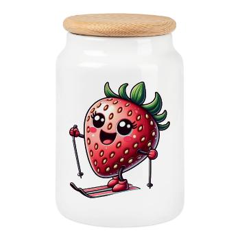 Funny strawberry while skiing in winter - Cookie Jar with Wooden Lid - white - Front