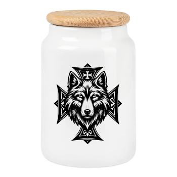 Wolfshead Kreuzornament - Keksdose mit Holzdeckel - Weiß - Vorne