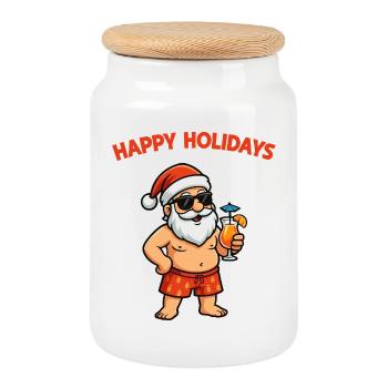 SunSanta Beach Vacation Motif - Cookie Jar with Wooden Lid - white - Front