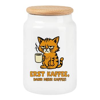 First coffee, then more coffee Cat - Cookie Jar with Wooden Lid - white - Front