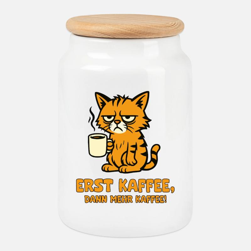 First coffee, then more coffee Cat - Cookie Jar with Wooden Lid - white