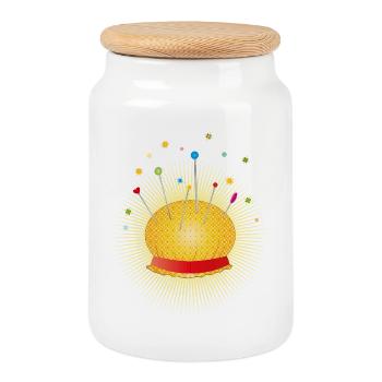 Pelote à épingles lumineuse – Motif de couture créatif - Boîte à biscuits avec couvercle en bois - blanc - Devant