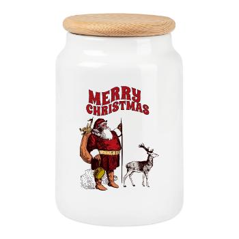 Christmas Santa with reindeer motif - Cookie Jar with Wooden Lid - white - Front