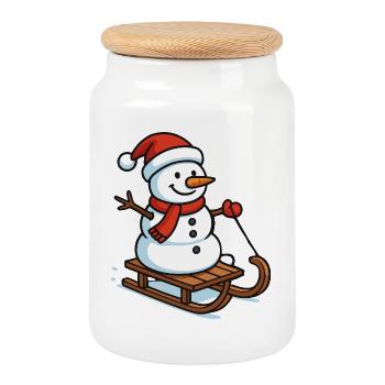 Snowman on Sleigh Christmas Magic - Cookie Jar with Wooden Lid - white - Front