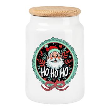 Weihnachtsmann Ho Ho Ho Ornament - Keksdose mit Holzdeckel - Weiß - Vorne