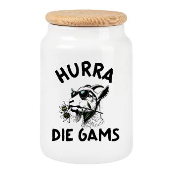 Hurray the Gams Alps Mountains Alm Saying - Cookie Jar with Wooden Lid - white - Front
