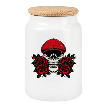Skull with red mushroom hat and roses - Cookie Jar with Wooden Lid - white - Front
